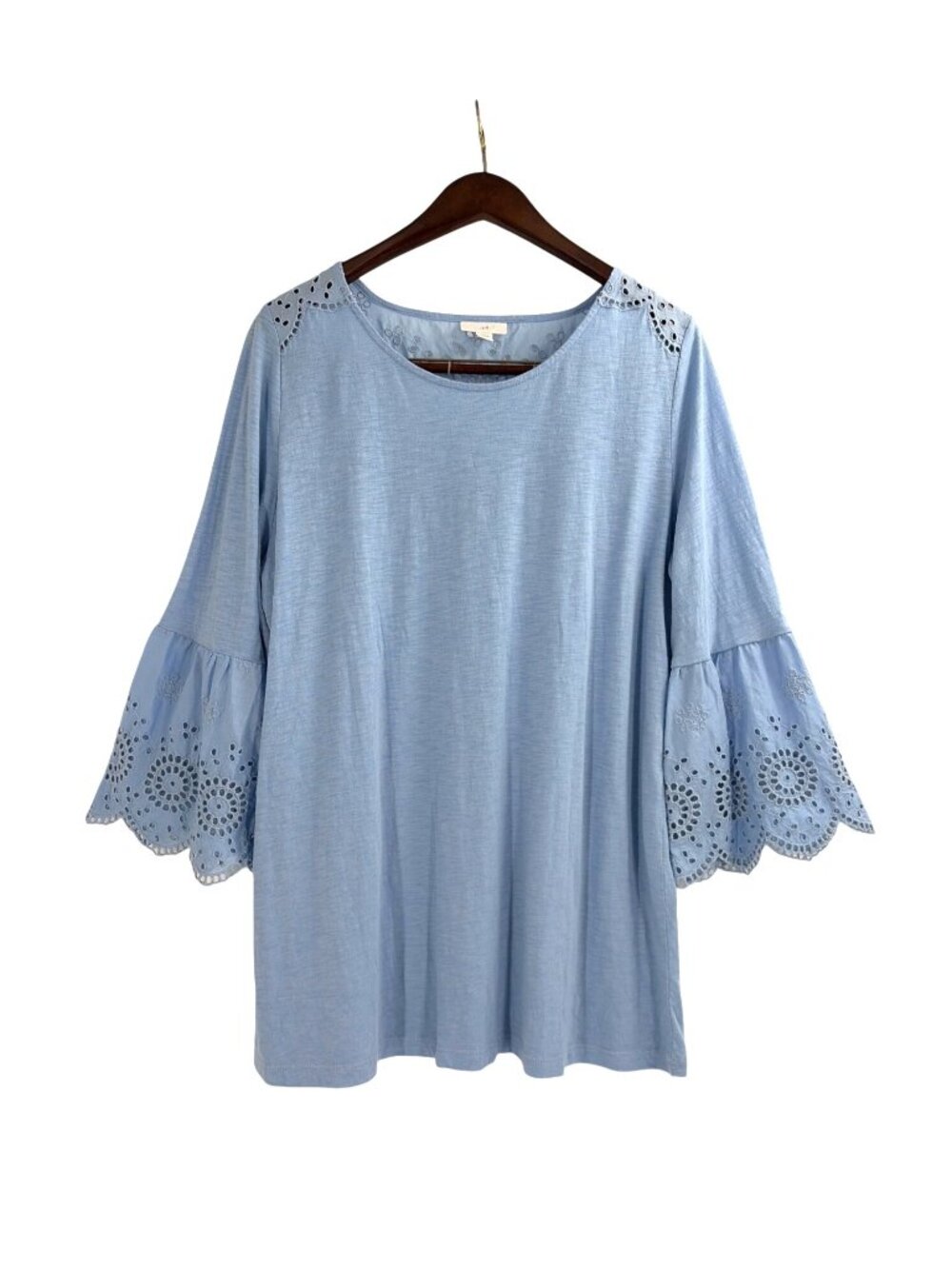 J. Jill Womens Large 3/4 Bell Sleeve Blue Embroidered Eyelet Knit Tunic Top